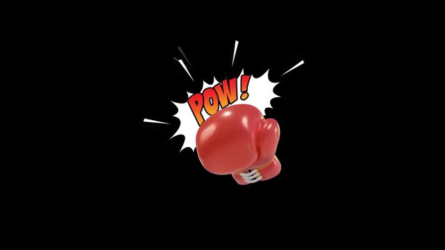 3d red boxing glove punching with comic pow text on transparent background.