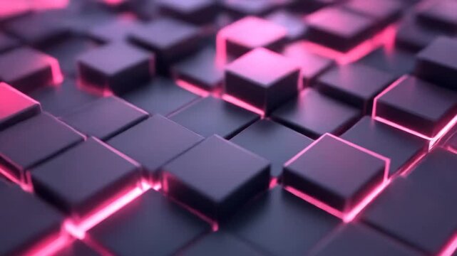 Abstract rows of dark cubes with pink glowing edges. Shallow depth of field