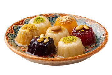 Assortment of sweet middle eastern desserts in a decorative bowl