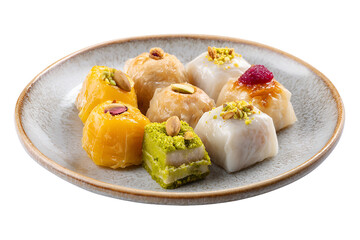 Assortment of middle eastern sweet pastries on a decorative plate