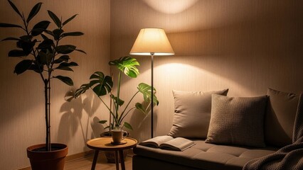 Cozy evening reading nook with soft sofa, scatter cushions, floor lamp and two lush potted plants, warm ambient light casting gentle shadows for a relaxing intimate modern living room corner

