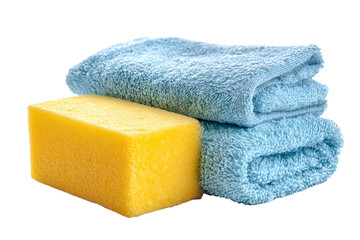 Yellow soap bar next to stacked blue terry cloth towels