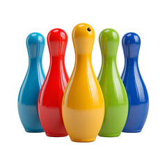 Colorful bowling pins arranged in a row against a black background