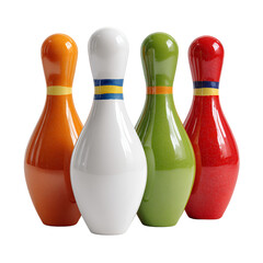 Four colorful bowling pins stand together against a black background