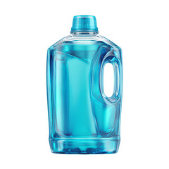 Clear blue liquid in a large rectangular plastic bottle with handle