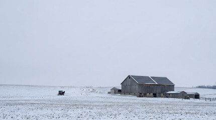 Granja Amish con paneles solares en invierno