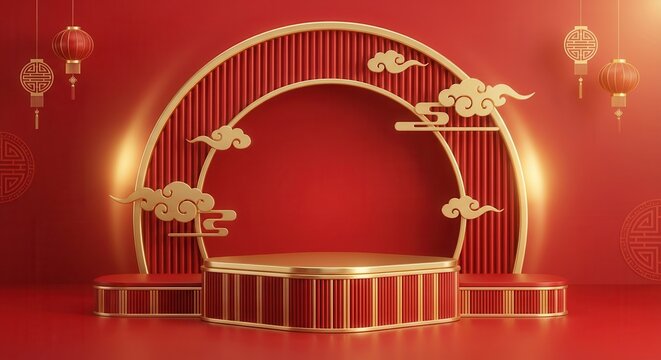 Traditional Chinese Stage with Golden Arches and Red Backdrop.