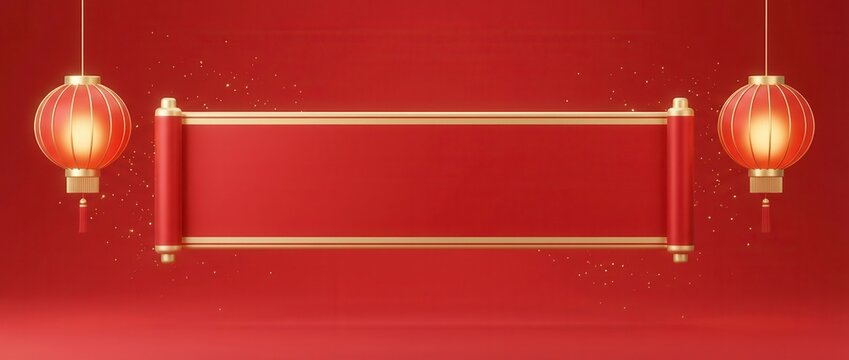 Traditional Red Lanterns Framing Golden Bordered Scroll Banner.