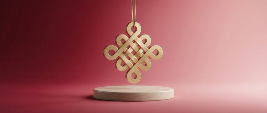 Wooden Endless Knot Buddhist Symbol Hanging on Chain Against Pink Background.