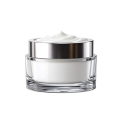 Luxurious white cream in a clear glass jar with silver lid
