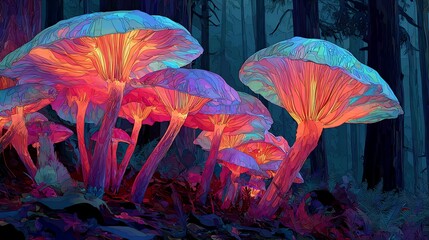 Abstract bioluminescent mushrooms dark forest vibrant glowing colors vector design magical atmosphere