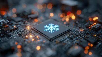 Advanced cooling technology represented by a glowing snowflake symbol on a high-tech circuit board
