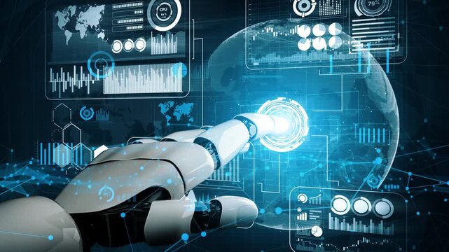 A humanlike robotic hand reaches toward glowing digital data displays, illustrating the integration of advanced technology and interactive features in a modern environment. Xenic