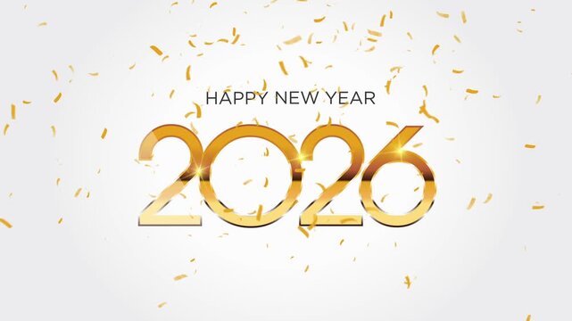2026 Happy New Year golden text shine light animation Celebration. Beautiful glow bokeh firework cinematic festive title abstract background. New year title intro festival New Year s greeting firework