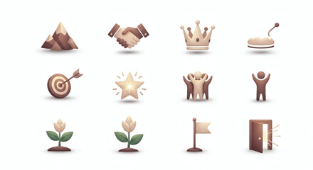 Stylized vector icon collection representing key business concepts like success, growth, leadership, and teamwork, ideal for corporate strategy and goal achievement visuals.