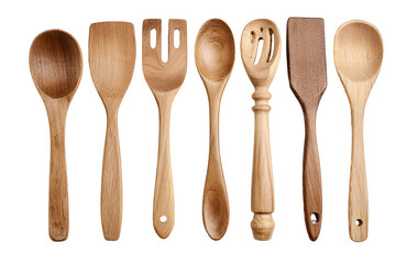 Collection of rustic wooden kitchen utensils on a black background