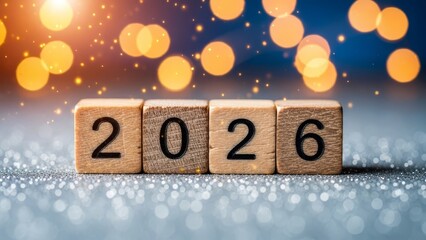 Celebrate the New Year 2026 with Festive Wooden Blocks, Glitter Background, Warm Bokeh Lights, Symbolic Decor, and Optimistic Celebration Vibes