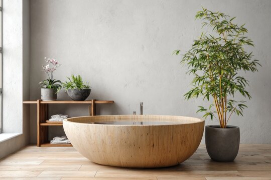 Serene bathroom features a round wooden tub and plants in a minimalist setting.