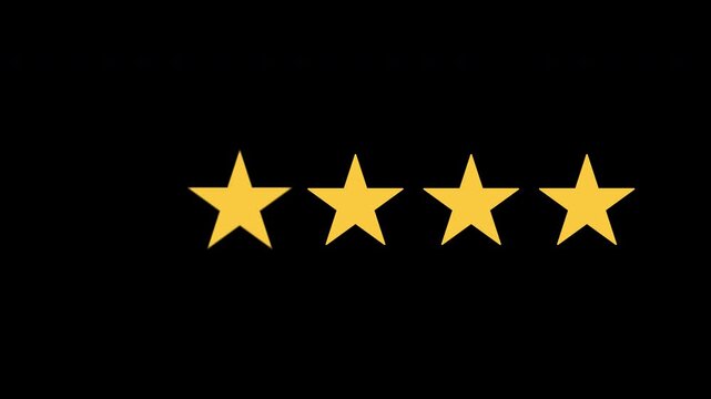 Five star rating icon animated video, Animated of 5 stars rating isolated on transparent black background. Customer feedback 5 star rating Five star rating review . 4K video.
