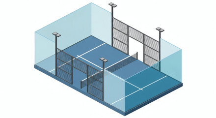 Fototapeta premium Isometric illustration of a modern padel tennis court with vibrant blue surface, glass walls, and lighting, ideal for racket sports and active recreation.