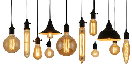 Variety of vintage edison bulbs hanging against a dark background