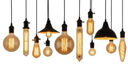 Variety of vintage edison bulbs hanging against a dark background