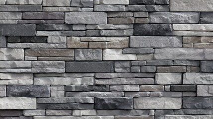 Fototapeta premium An array of rectangular stone tiles arranged in horizontal layers creates a textured surface with varying shades of gray