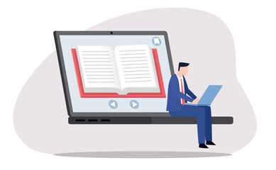 Digital learning/online reading. A man works on a laptop, while a large e-book displays on a bigger laptop screen, representing online reading, virtual book resources, and remote research.