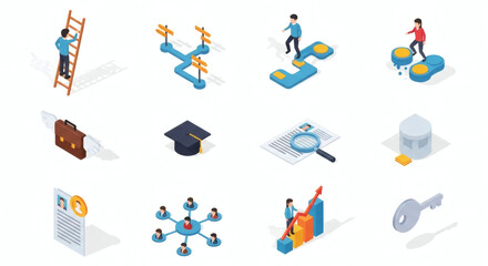 Fototapeta premium Dynamic Isometric Vector Icon Set for Business Growth, Career Development, Education, Strategy, and Success Concepts