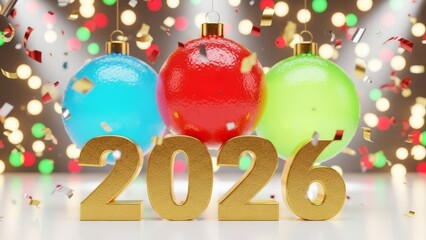 Celebrate New Year 2026 with vibrant ornaments, golden numbers, confetti, bokeh lights, and festive sparkle&mdash;perfect for holiday greetings and promotions