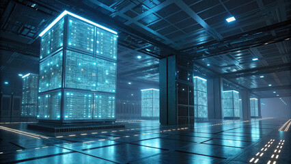 Data center seems to hum with quiet power. Racks glow gently, promising innovation and secure cloud. future feels cool and efficient