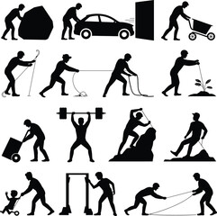 Fototapeta premium Collection of physical force silhouettes: push, pull, and lift actions