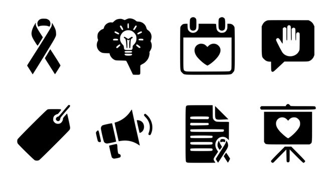Black and White Set Featuring Awareness Ribbon Brain Calendar Hand Speech Handtag Megaphone Document Presentation