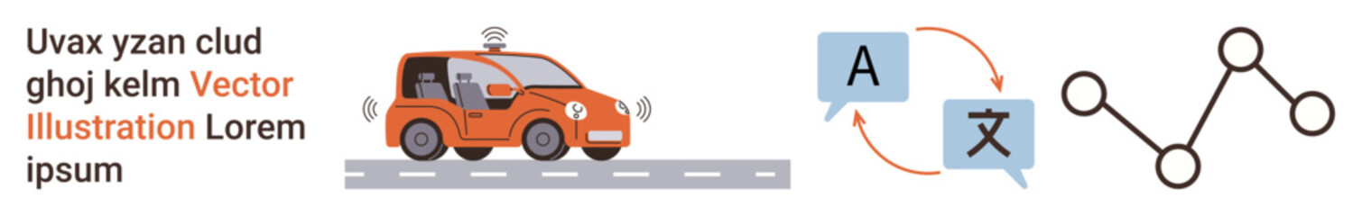 Artificial intelligence, self-driving cars, translation, connectivity, innovation, automation. A graphic of an autonomous vehicle, a language translation interface and a network icon. Self-driving © robu_s
