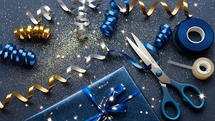 A festive gift wrapping scene with blue and gold decorations and a pair of scissors on a dark background with confetti