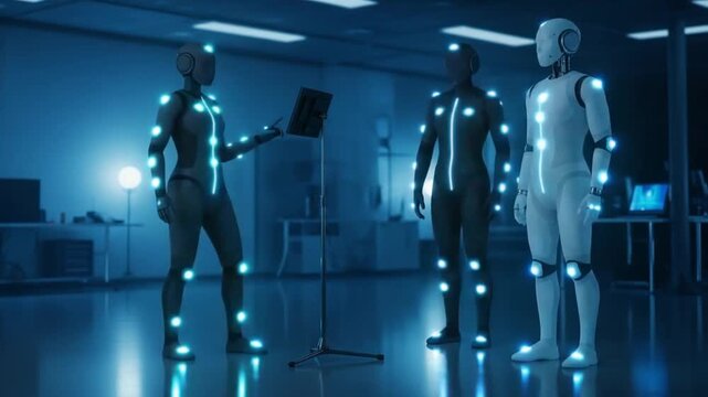 Advanced Motion Capture Technology: Humanoid Digital Avatars and Robotic Development in a Futuristic Blue-Lit Research Lab