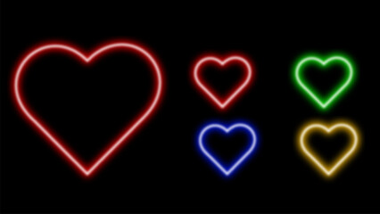 Neon heart suit icon. Glowing neon hearts sign, outline card suit symbol and silhouette