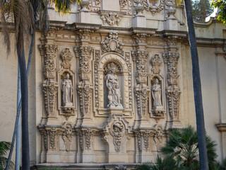 The ornate facade of Casa del Prado building. Balboa Park in San Diego, California.