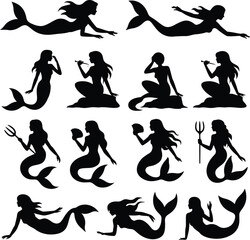 Set of mermaid silhouettes in various poses