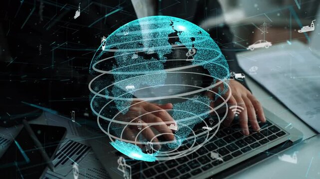 An innovative digital globe surrounded by connectivity icons illustrates modern technology influence on business. Hands working on a laptop highlight active engagement. Xenic
