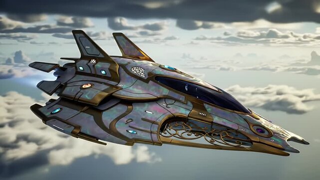 Sleek Sci-Fi Aerial Federation Starfighter Gliding Gracefully Above Twilight Cloudscape