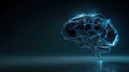Low poly human brain model glowing blue, symbolizing artificial intelligence and innovation