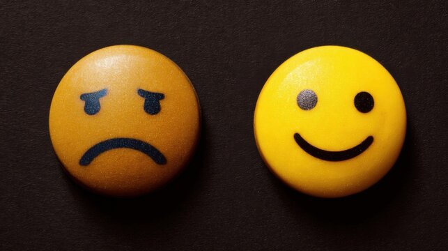 Two round objects depict contrasting emotions, one showing sadness with furrowed brows and teardrops,