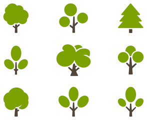 Seven green stylized tree with brown trunks on white background trees © simplevector