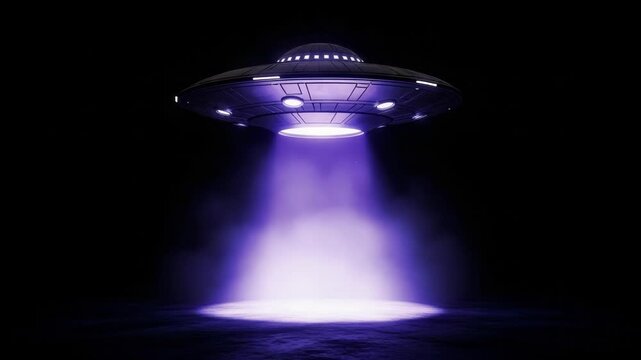 Mysterious ufo hovering above ground releasing a glowing abduction beam in a dark night sky cinematic sci fi scene