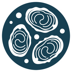 Three white spiral shell patterns on dark blue circular background with dots shells