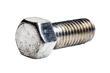 Metal bolt hex nut silver aluminum isolated on cutout PNG transparent background. Technology for fastening various devices prevent pulling out. Used for industrial machinery Assembled machinery.
