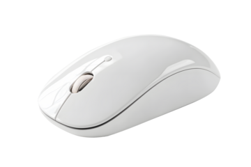 Computer equipment technology. White clean color wireless computer mouse isolated on cut out PNG or transparent background. Modern design highlights smooth curves and minimalistic buttons.