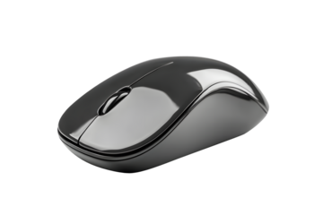 New black clean color wireless computer mouse isolated on cut out PNG or transparent background. Modern design highlights smooth curves and minimalistic buttons. Computer equipment technology.