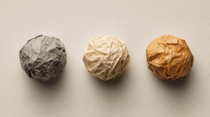 Obraz premium A line of three crumpled paper balls showcasing texture and color variation